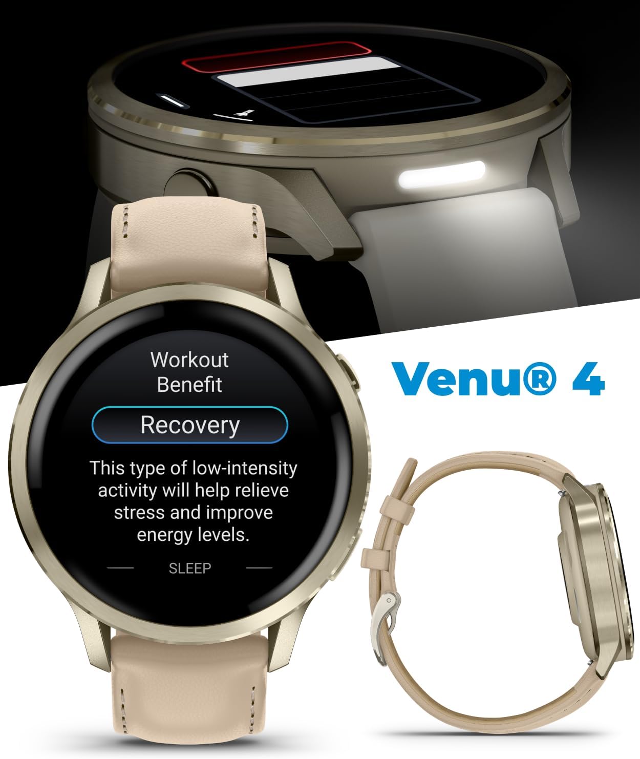 Garmin Venu 4-41mm AMOLED Advanced Health & Fitness GPS Smartwatch, Colorful Display, Built-in Flashlight, Lunar Gold w/Bone Silicone & Light Sand Leather Bands w/Wearable4U Black Earbuds Bundle