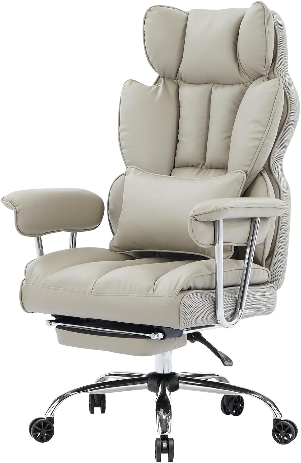 Efomao Big and Tall Office Chair 400lbs – High Back Executive Chair with Swivel Base, PU Leather Upholstery, Lumbar Pillow, Padded Armrests, and Rolling Wheels，Grey Computer Chair