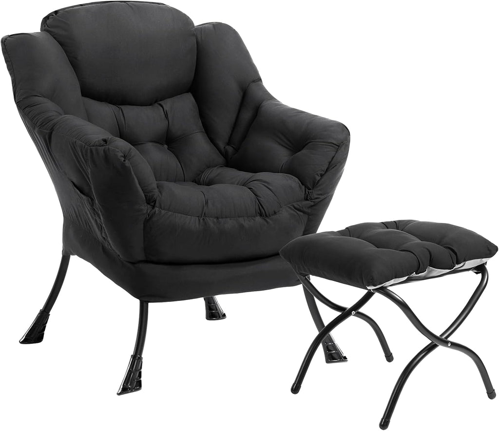 HollyHOME Lazy Chair with Foldable Ottoman, Accent Comfy Lounge Armchair and Folding Footrest Stool, Leisure Sofa Reading Chair and Footstool for Living Room, Bedroom, Dorm,Peachskin Fabric Black