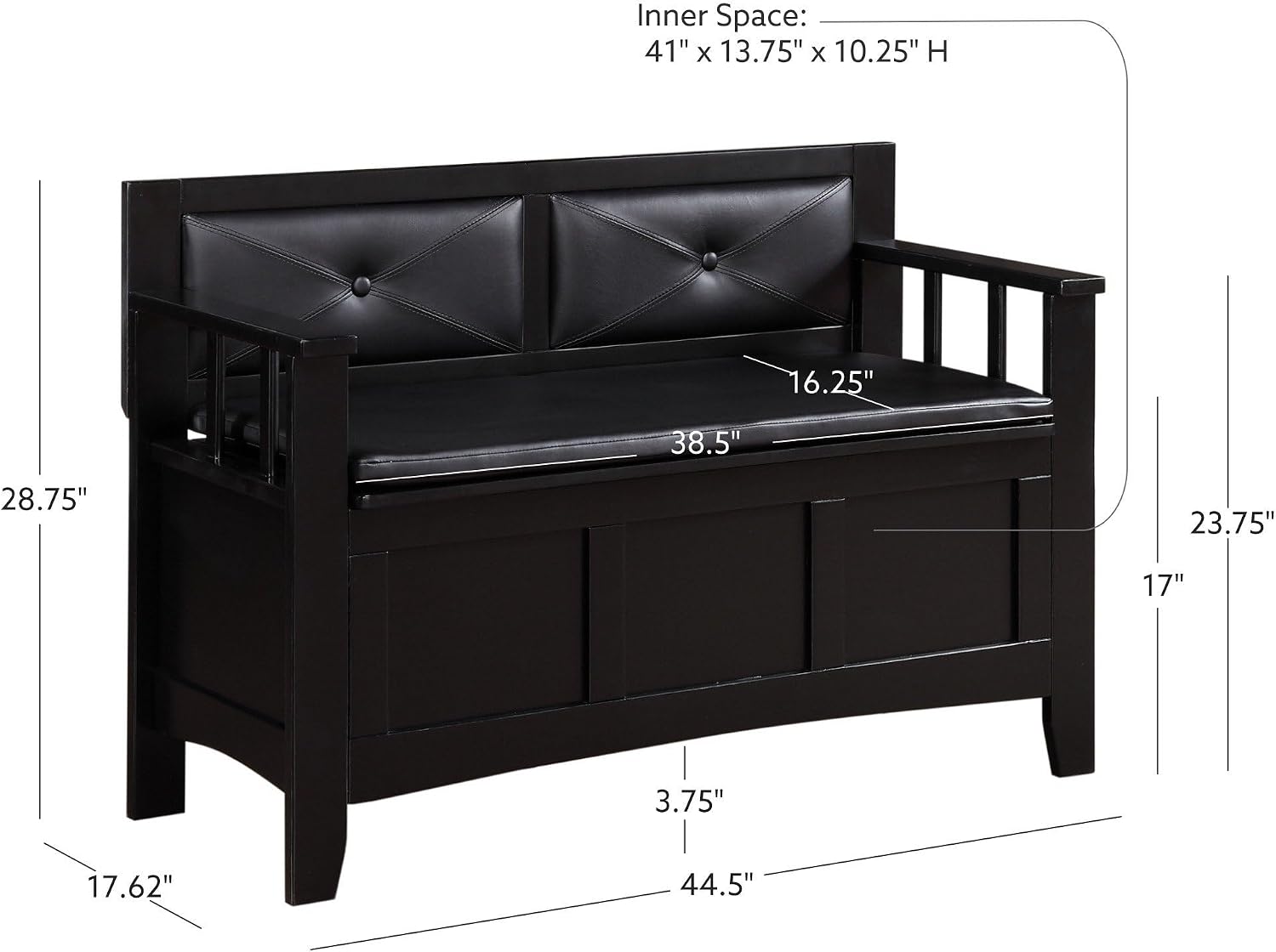 Linon Carlton Padded Bench, 44.5'W x 17'D x 30'H, Black