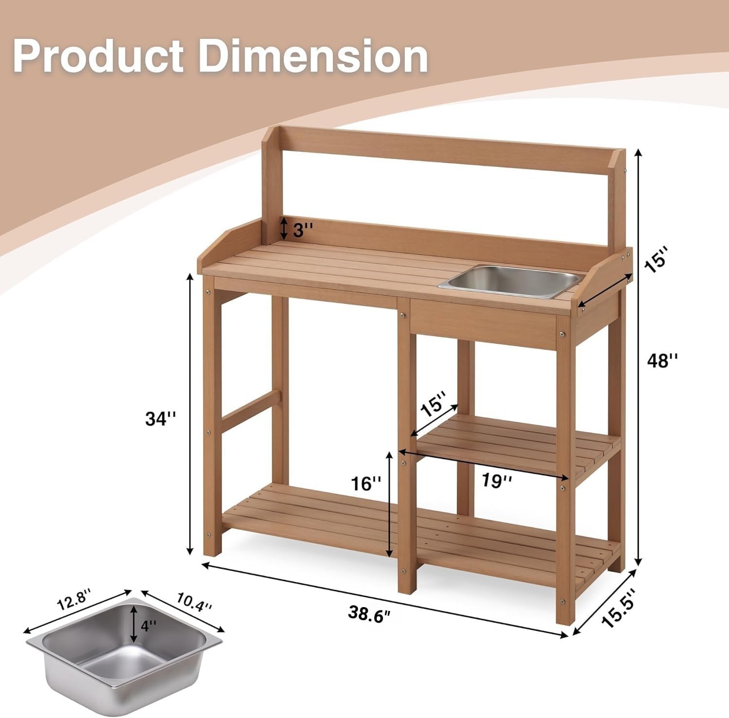 Psilvam Outdoor Potting Bench with Sink, Rot-Resistant HDPS Potting Table for Outside Garden, All-Weather Use, (Teak)