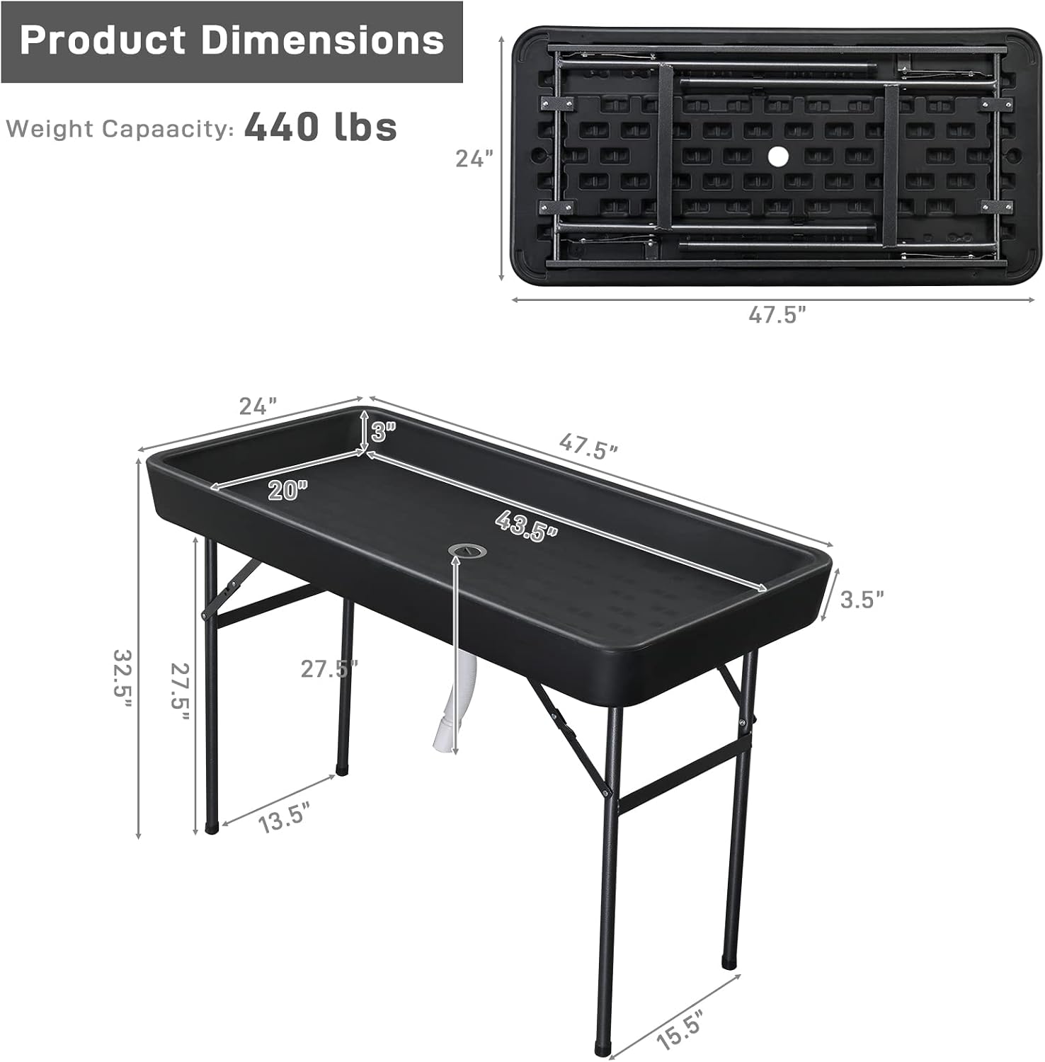 VINGLI 4 Foot Folding Party Ice Cooler, Portable Tailgate Camp Fishing Cleaning Table, Plastic with Matching Skirt, Ice Table for Party, BBQ, Camping, Picnic (Black)