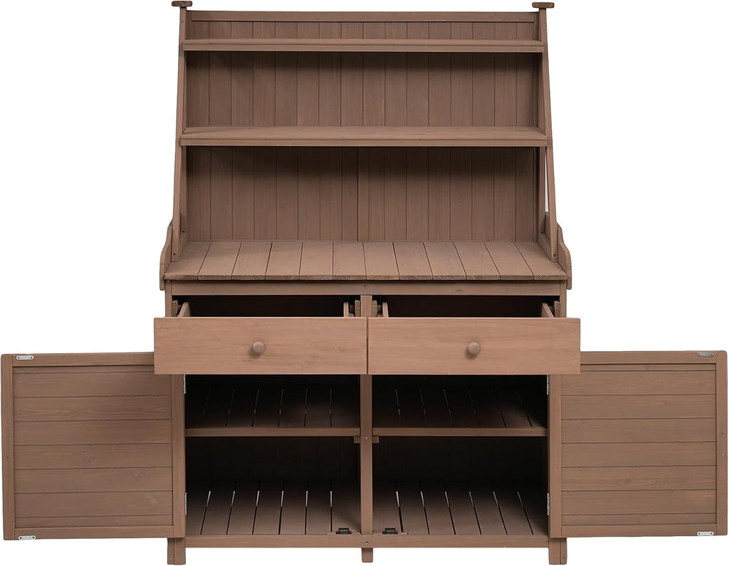 65inch Outdoor Potting Bench Table, Fir Wood Large Gardening Workstation with Storage Shelf, Drawer and Cabinet for Storage for Backyard, Mudroom (Brown/Fir Wood2)