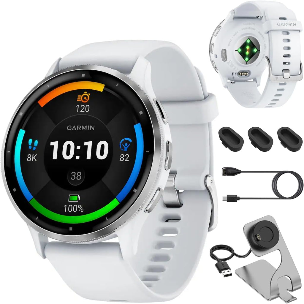 Garmin Venu 3 Silver Stainless Steel Bezel 1.4-Inch AMOLED Touchscreen Smartwatch with 45mm Whitestone Case and Silicone Band Bundle with Deco Essentials Charging Dock, Dust Covers and USB-C Cable