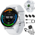 Garmin Venu 3 Silver Stainless Steel Bezel 1.4-Inch AMOLED Touchscreen Smartwatch with 45mm Whitestone Case and Silicone Band Bundle with Deco Essentials Charging Dock, Dust Covers and USB-C Cable