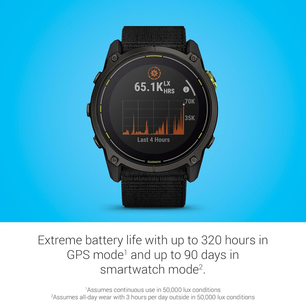 Garmin Enduro 3 Solar Ultraperformance GPS Smartwatch Bundle - 320 Hours Battery Life, Built-in LED Flashlight with UltraFit Nylon Band and PlayBetter Wireless Running Earbuds
