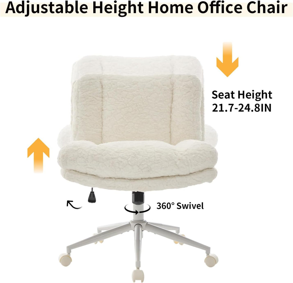 Shenyon Criss Cross Chair with Wheels, Wide Cross Legged Office Chair with 2 Layer Cushions & Back, Adjustable Swivel Home Office Chair, Comfy Faux Fur Makeup Vanity Chair for Girls Women, Cream