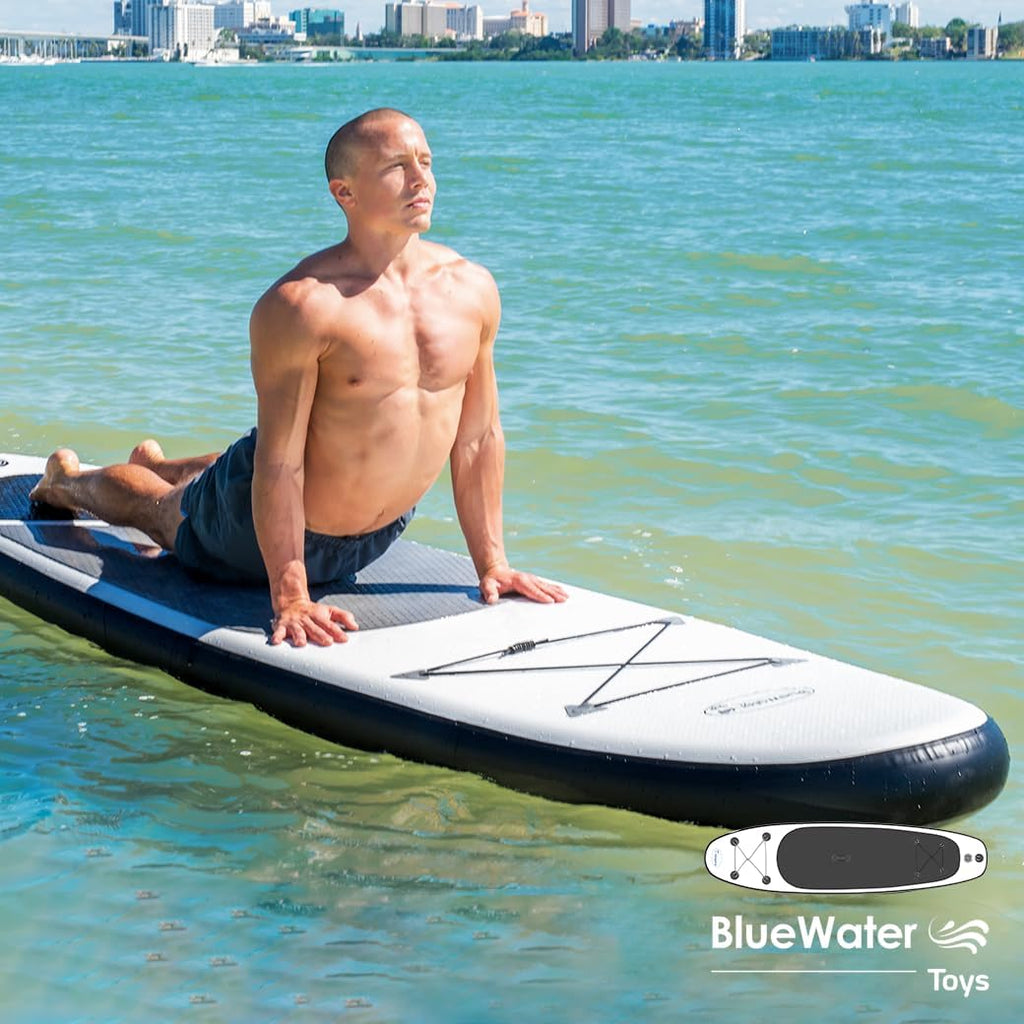 Blue Water Toys Portable Inflatable Stand Up Paddle Board Kit | 11ft x 34in Nylon & Mesh Inflatable Paddle Board with 100% UV-Resistant EVA Pad, Pump, Backpack, Coil Leash & Repair Kit (Black/White)