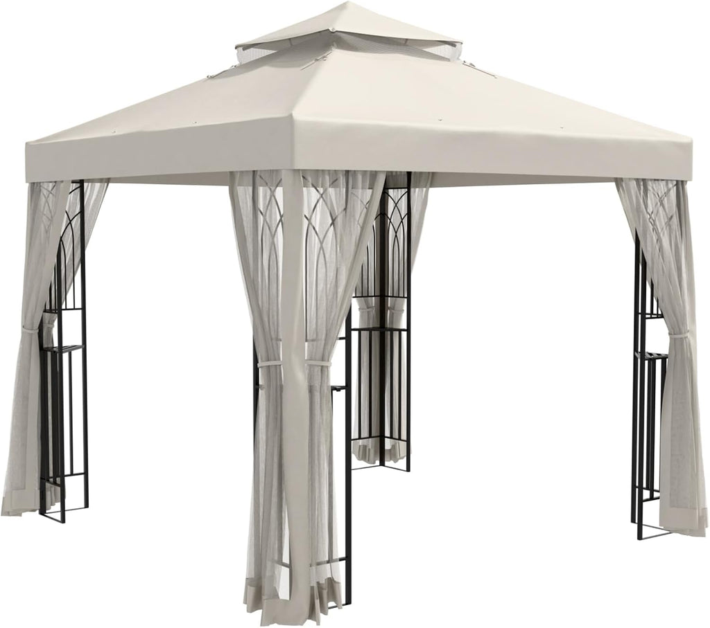 EAGLE PEAK 8x8 Patio Gazebo with Mesh Netting, Double Roof Outdoor Pavilion with Corner Shelves for Lawn, Deck, Garden and Backyard, Beige