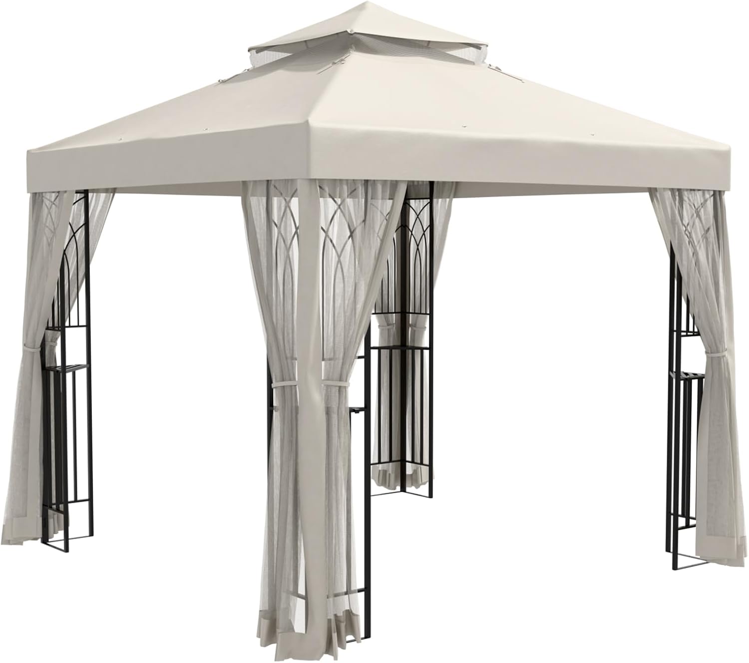 EAGLE PEAK 8x8 Patio Gazebo with Mesh Netting, Double Roof Outdoor Pavilion with Corner Shelves for Lawn, Deck, Garden and Backyard, Beige