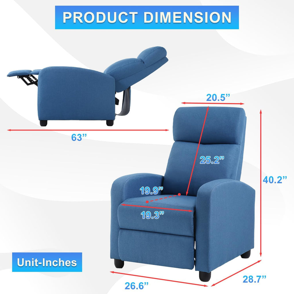 BestMassage | Recliner Chair | No Massage Function | Textile Blue | with Lumbar Support, Adjustable Push Back, Wide Armrests, Footrest & Padded Seat | Easy Assembly | for Living Room, Home Theatre