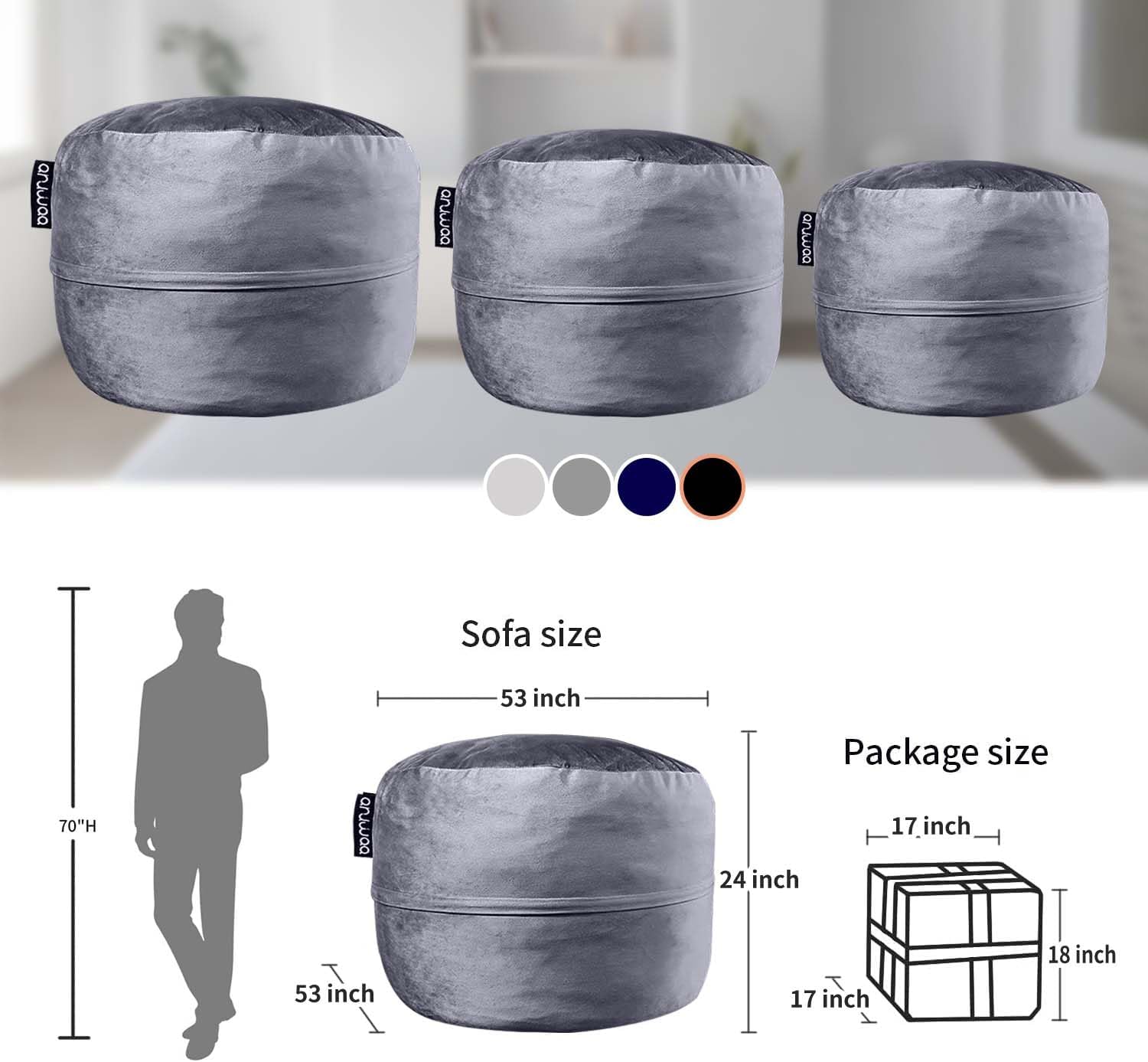 Giant 5ft Bean Bag Chairs for Adults, 5FT Oversized Bean Bag for Teens, Memory Foam Bean Bag with Removable Dutch Velet Cover, Grey