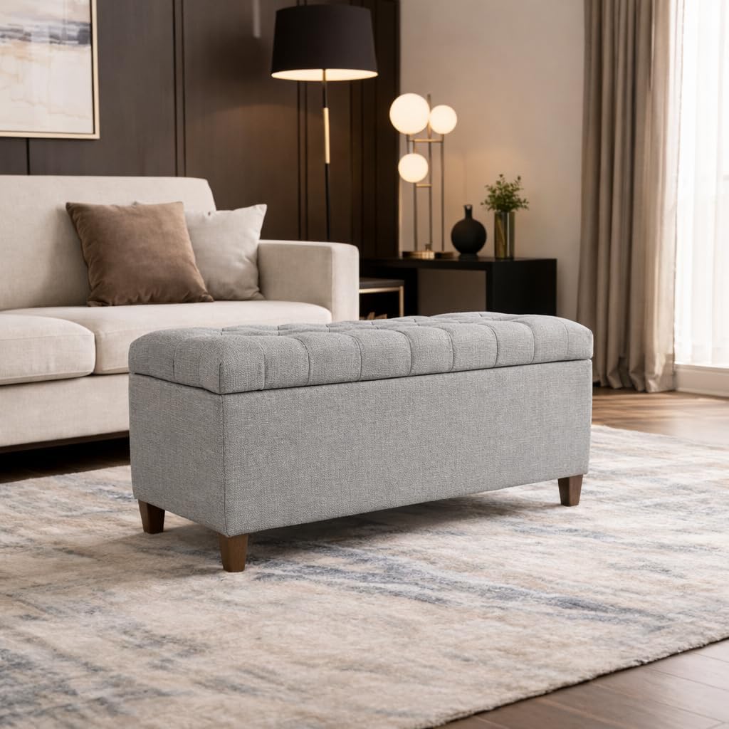 Homepop Home Decor Tufted Ainsley Button Storage Ottoman Bench with Hinged Lid Ottoman Bench with Storage for Living Room & Bedroom, Gray Fabric