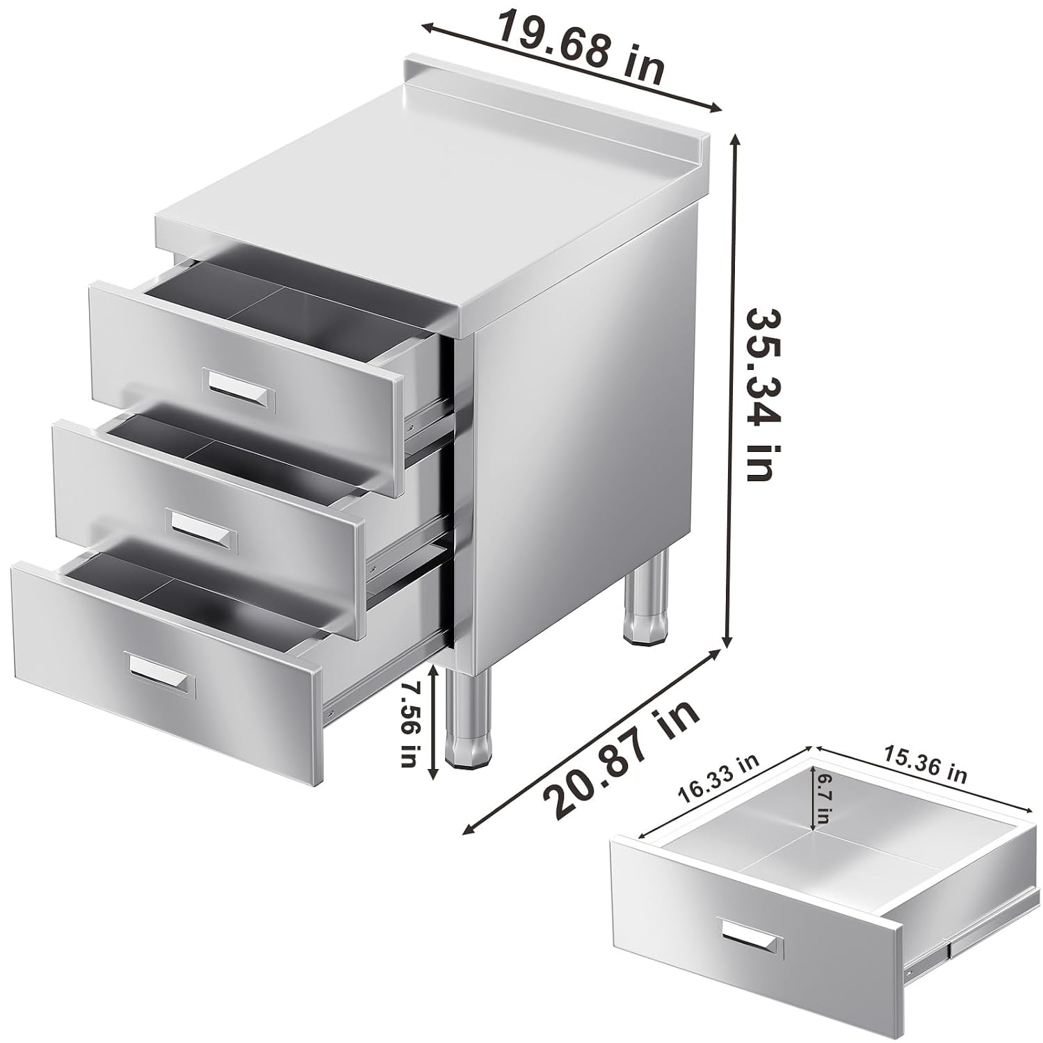 WWK Outdoor Kitchen Drawer, Stainless Steel Kitchen Cabinet with Drawers, Triple Access BBQ Drawers for Outdoor, Commercial Restaurant, Garage, 20.87' D x 19.68' W x 35.43' H