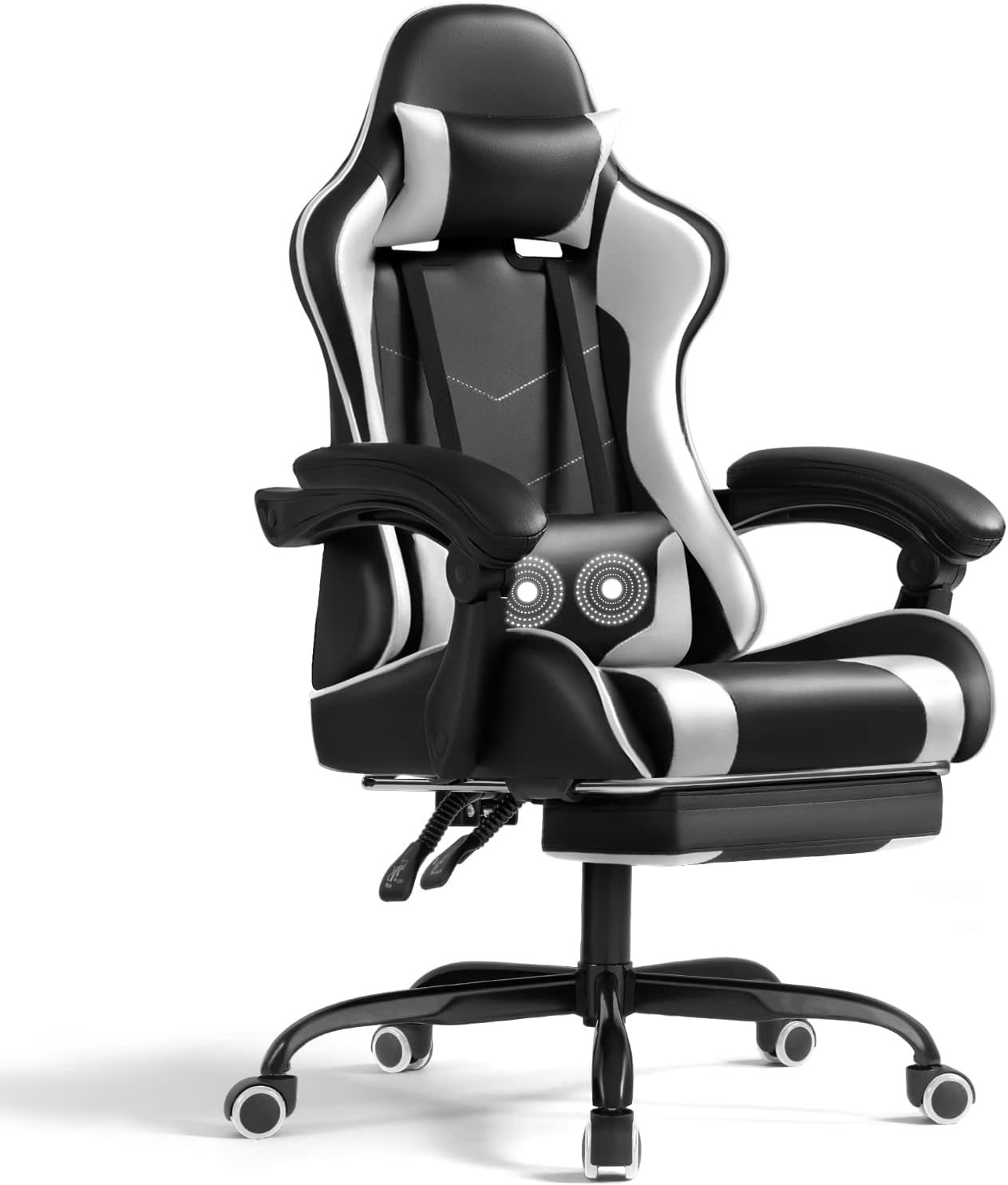Shahoo Gaming Chair with Footrest and Massage Lumbar Support, Video Game Chairs 360°Swivel and Height Adjustable Seat with Headrest for Office or Bedroom, Study Room, White