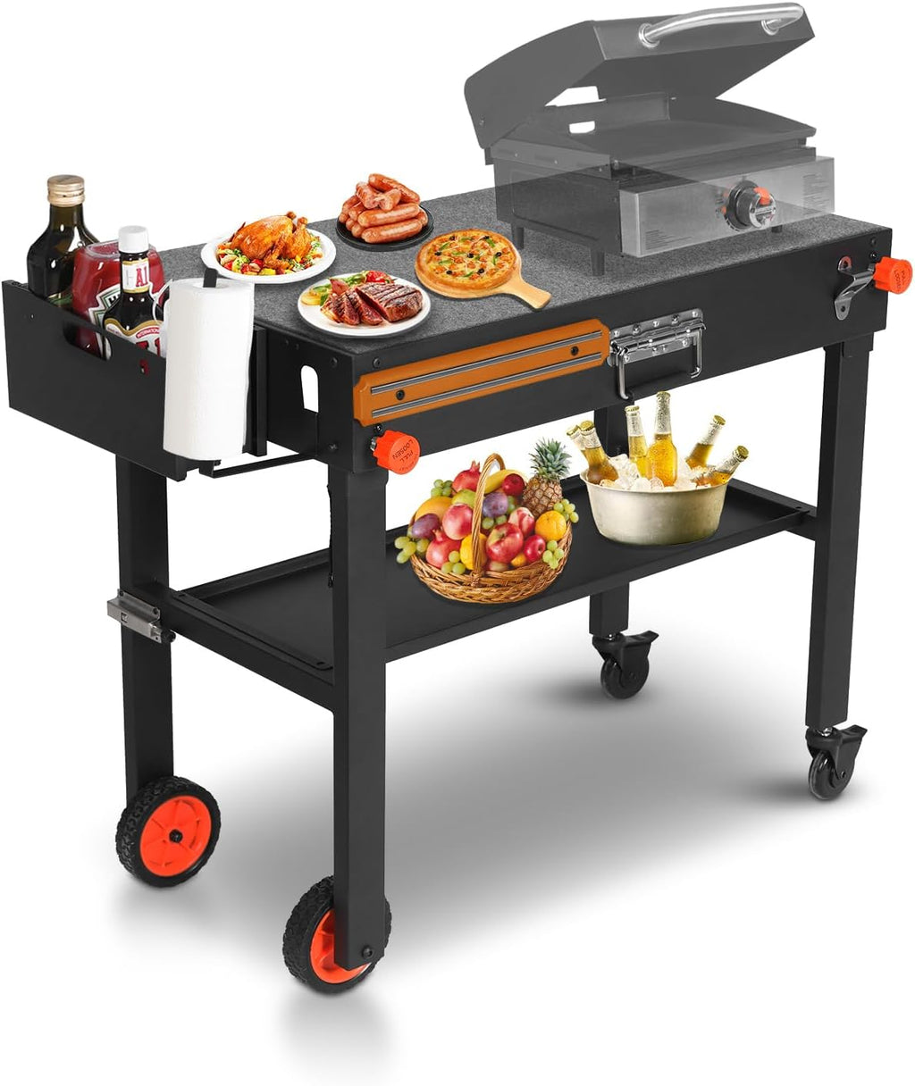 Rolling Grill Cart with Spice Rack, Blackstone Stand for 17'& 22' Griddle, Grill Stand with Storage Shelf, Griddle Table for Ninja, Weber, Portable Grills Table for Patio, Backyard, Camping