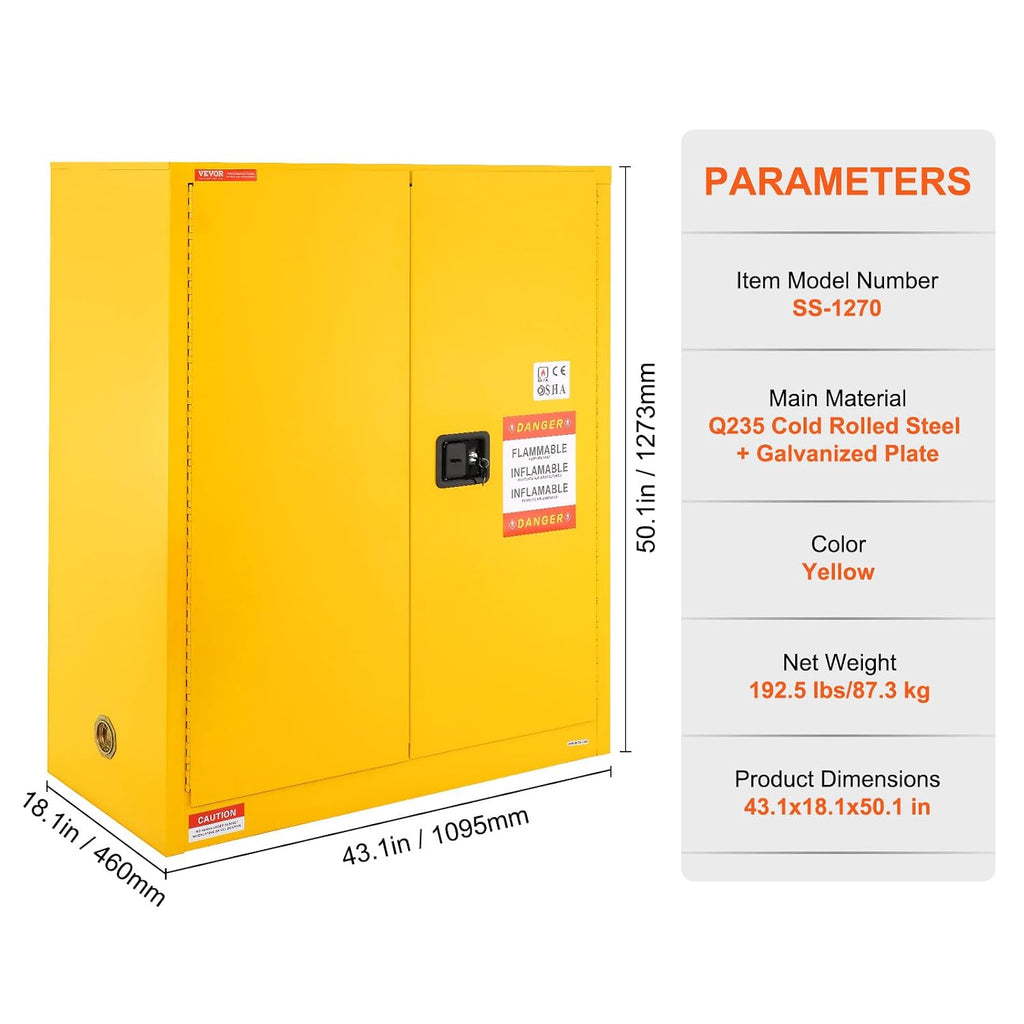 VEVOR Flammable Safety Cabinet 43.1 x 18.1 x 50.1, Cold-Rolled Steel Flammable Liquid Storage Cabinet 34 Gal with 2 Adjustable Shelves/2 Manual Closing Doors for Industrial Use, Yellow
