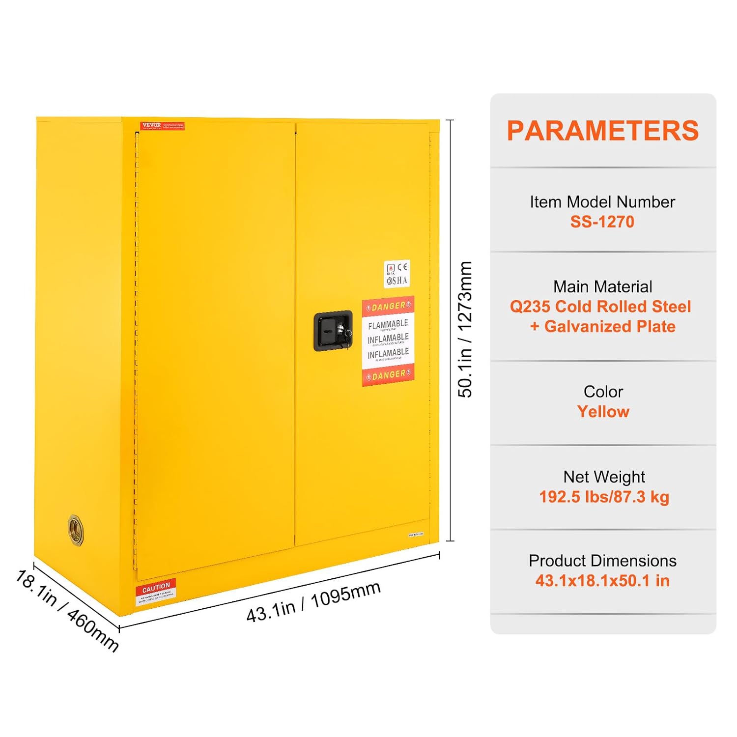 VEVOR Flammable Safety Cabinet 43.1 x 18.1 x 50.1, Cold-Rolled Steel Flammable Liquid Storage Cabinet 34 Gal with 2 Adjustable Shelves/2 Manual Closing Doors for Industrial Use, Yellow