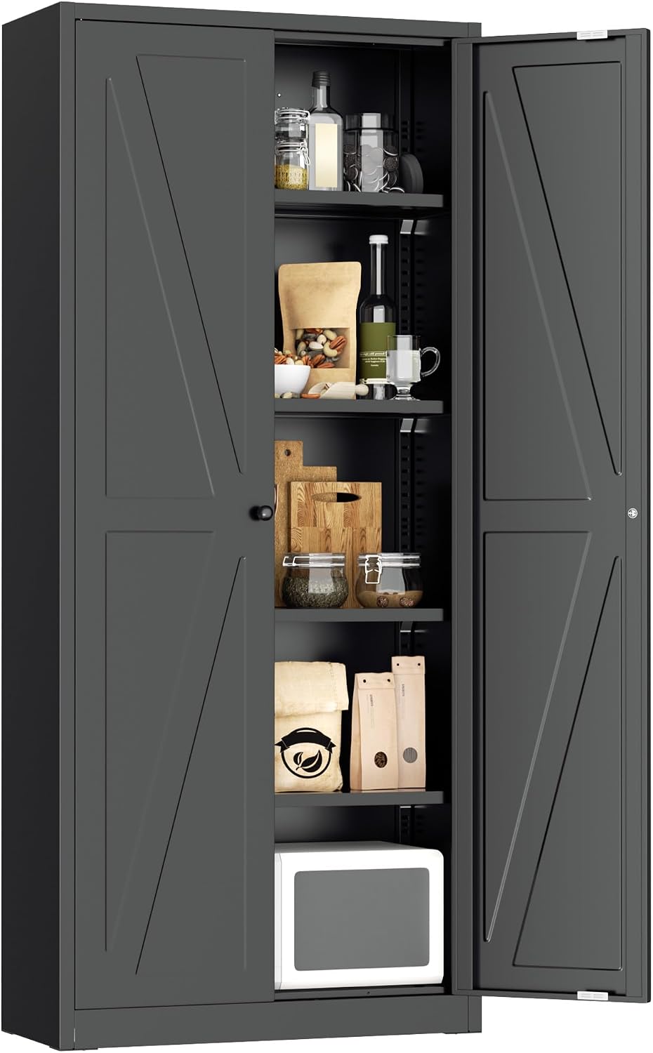 Greenvelly 63' H Black Farmhouse Metal Pantry Cabinet, Kitchen Pantry Storage Cabinets with 2 Doors and Adjustable Shelves, Kitchen Pantry Cabinets for Home, Garage and Bedroom