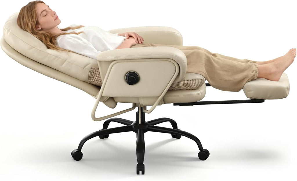 FLEXISPOT Ergonomic Office Chair with Footrest High Back Computer Desk Chairs Indoor Lounge Chair with Wheels 90-165° Reclining Lumbar Support, Chairs for Working Relaxing Cross Legged, Leather, White