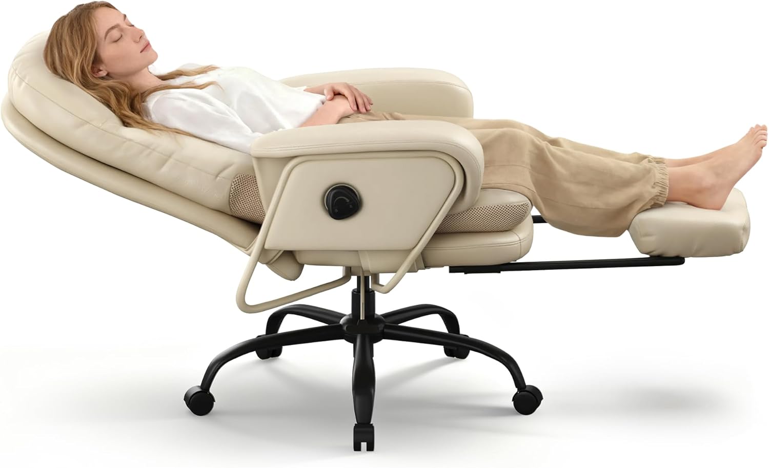 FLEXISPOT Ergonomic Office Chair with Footrest High Back Computer Desk Chairs Indoor Lounge Chair with Wheels 90-165° Reclining Lumbar Support, Chairs for Working Relaxing Cross Legged, Leather, White
