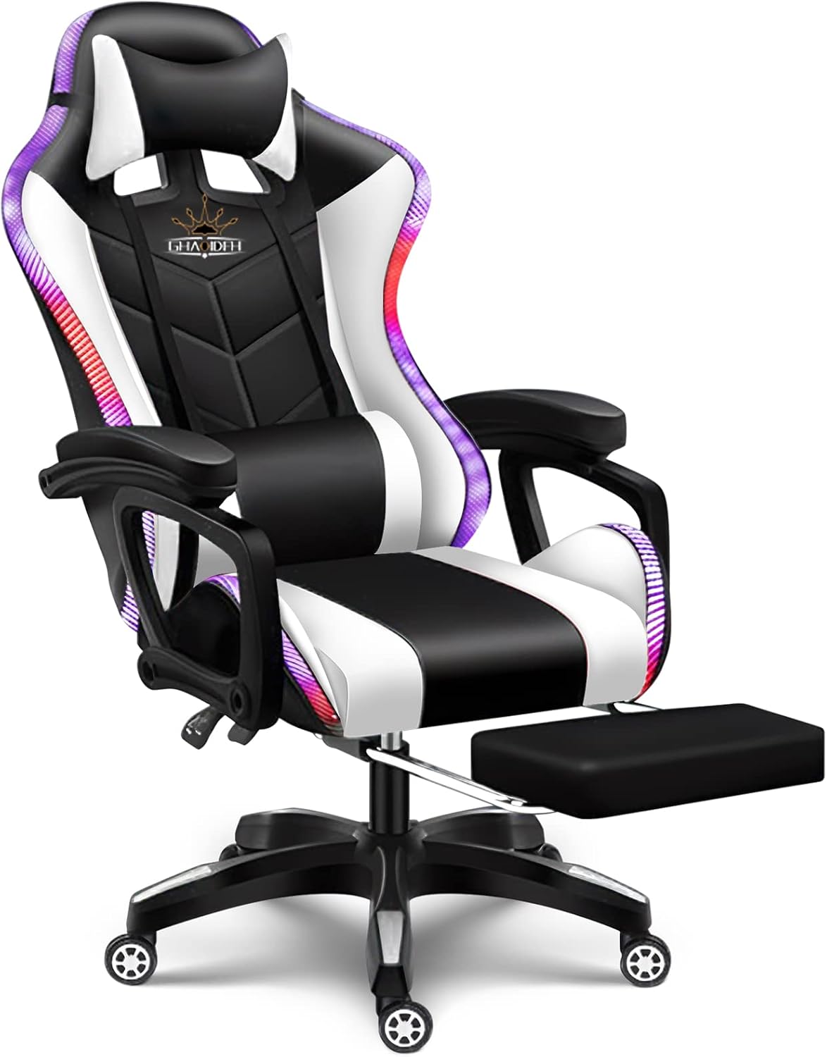 Gaming Chair with Speakers, Gaming Chair LED Lights - PU Leather Recliner 360°Swivel Function Ergonomic Video Game Chairs with Headrest Armrest Electric Massage Office Chair,White