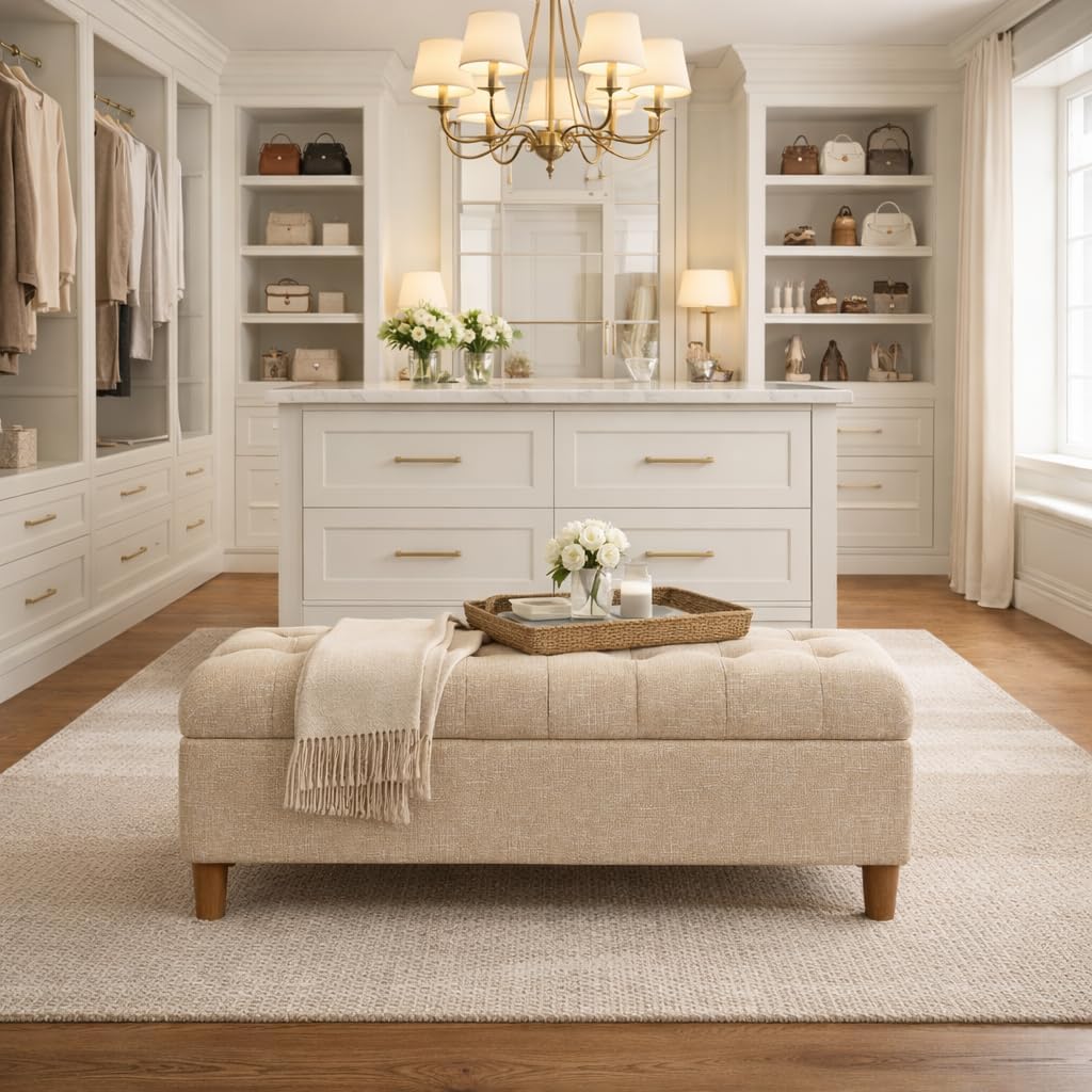 Homepop Home Decor | Tufted Ainsley Button Storage Ottoman Bench with Hinged Lid | Ottoman Bench with Storage for Living Room & Bedroom, Oatmeal Textured Fabric