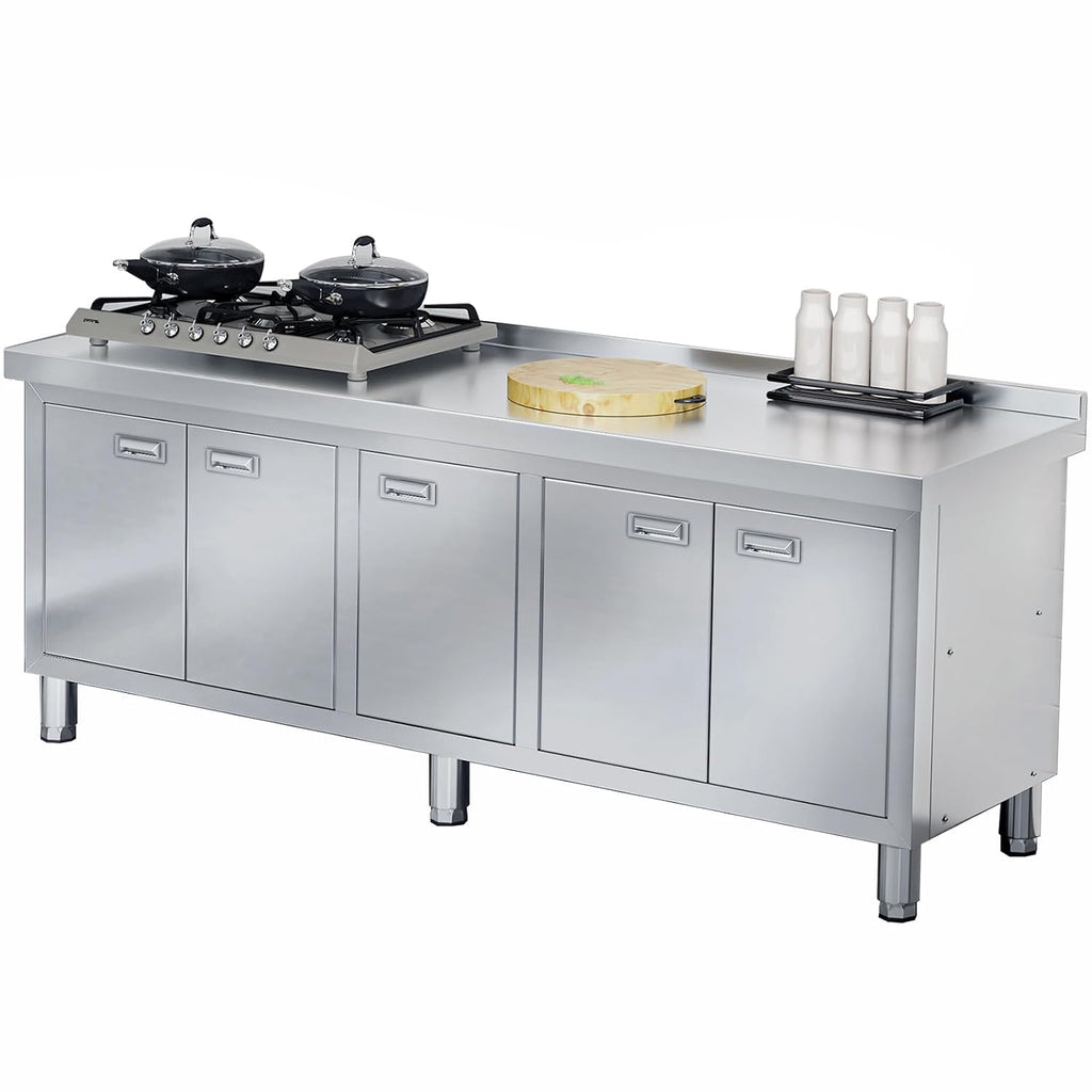 WWK 70' x 21' Stainless Steel Table with Cabinet, Commercial Kitchen Table for Prep & Work, Heavy Duty Work Cabinet with 5 Doors for Outdoor, Kitchen, Restaurant, Hotel, Garage and Cafe