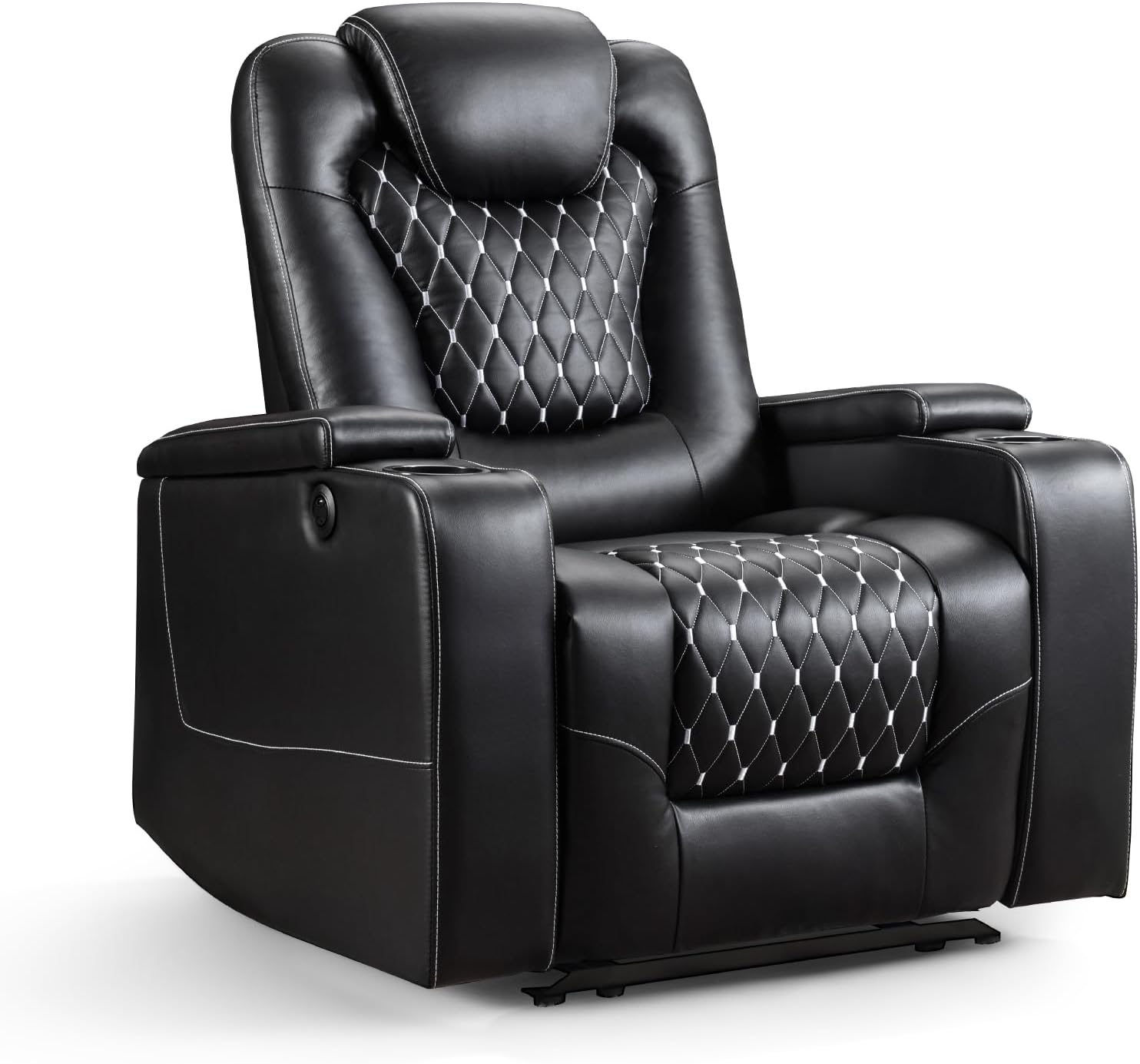 ANJ Power Recliner Chair with USB Ports and Cup Holders - Overstuffed Electric Home Theater Seating PU Leather Reclining Furniture with Hidden Arm Storage, Easy to Clean (Black)
