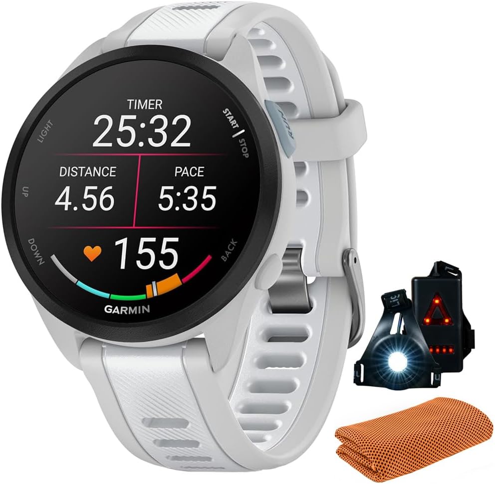 Garmin 010-02863-31 Forerunner 165 Music Smart Sport Watch, Mist Gray + Whitestone | Official USA Partner Model | Bundle with Sport Towel + Deco Essentials Wearable Commuter Front + Rear Safety Light