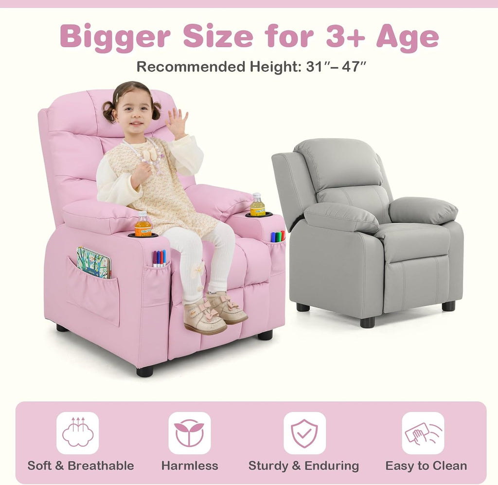 MAT EXPERT Kids Recliner, Leather Adjustable Reading Gaming Chair w/ 2 Cup Holder, 3 Side Pocket Storage & Footrest, Kids Couch,Toddler Recliner Sofa for Boys Girls, Kids Room Playroom Nursery (Pink)