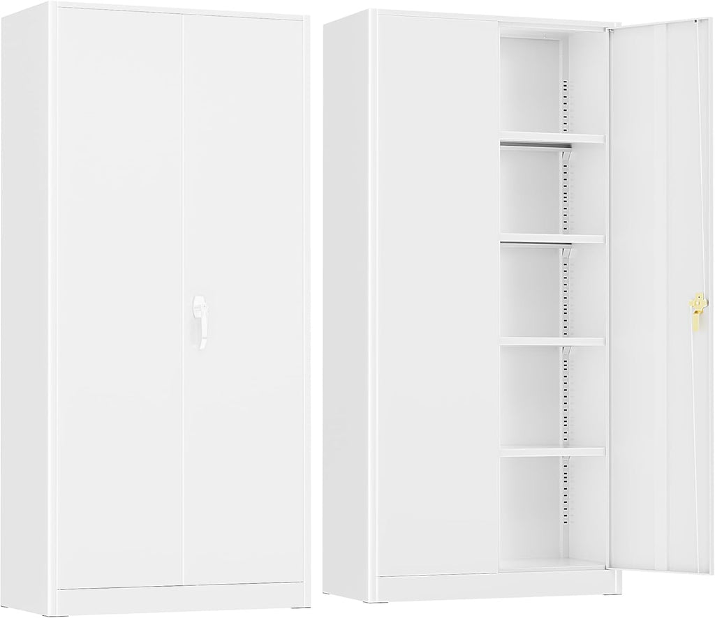 SUNCROWN 72' Metal Storage Cabinet - Heavy-Duty Metal Garage Cabinet with 4 Adjustable Shelves & 2 Doors for Tools, Office, Home, Workshop,White
