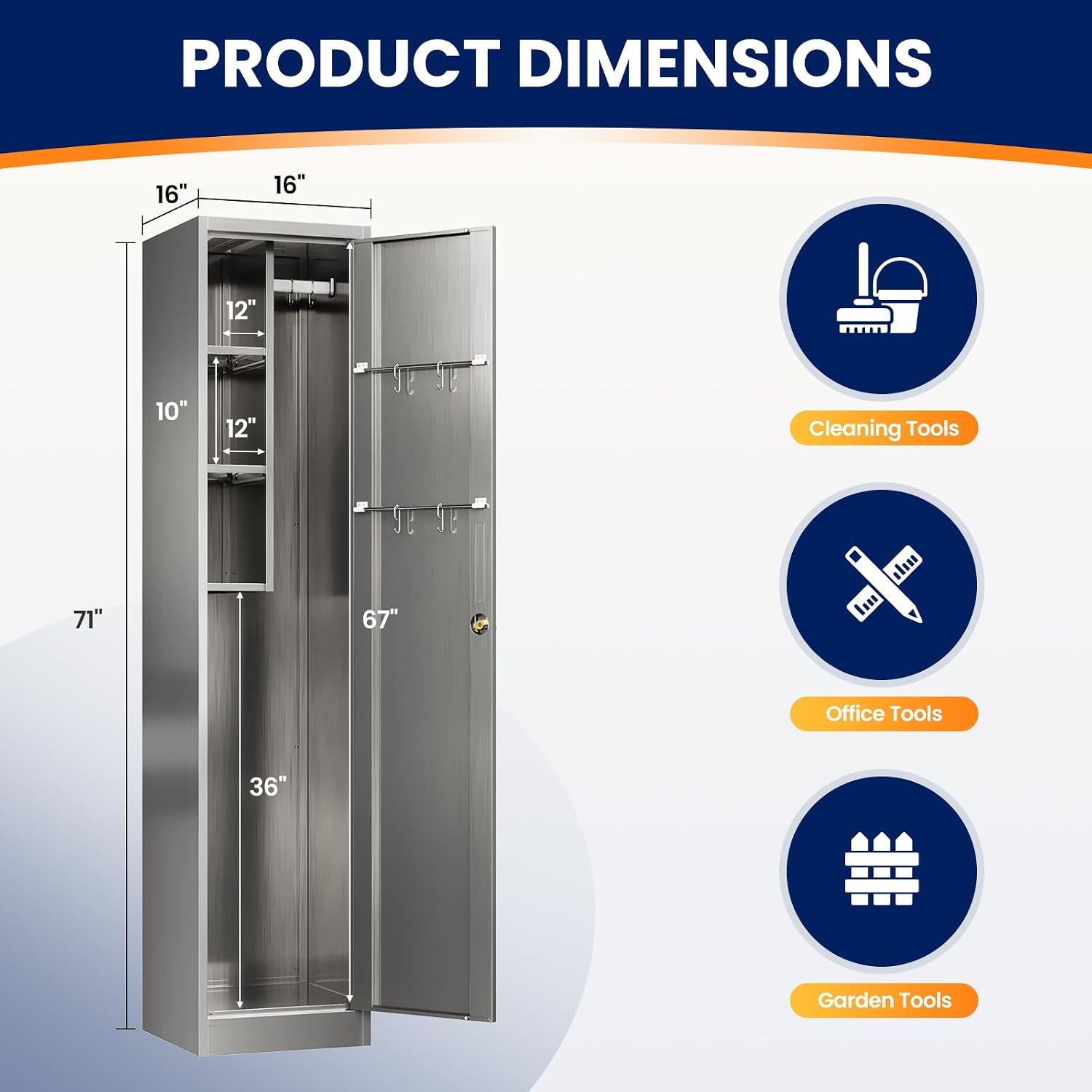 Yizosh Outdoor Storage Cabinet,Metal Broom Cloest Storage Cabinet with Locking Doors and Shelves,- 71 H Broom Closet with Hang Rods for Yard,Garden,Garage,Pation