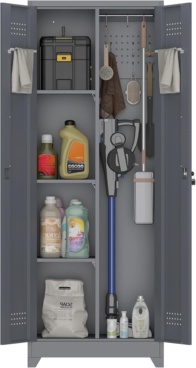 IRONFFICE Storage Cabinet,Metal Locking Cabinets with Doors and Shelves,Functional Garage Storage Cabinet for Garage, Home Office,Gray