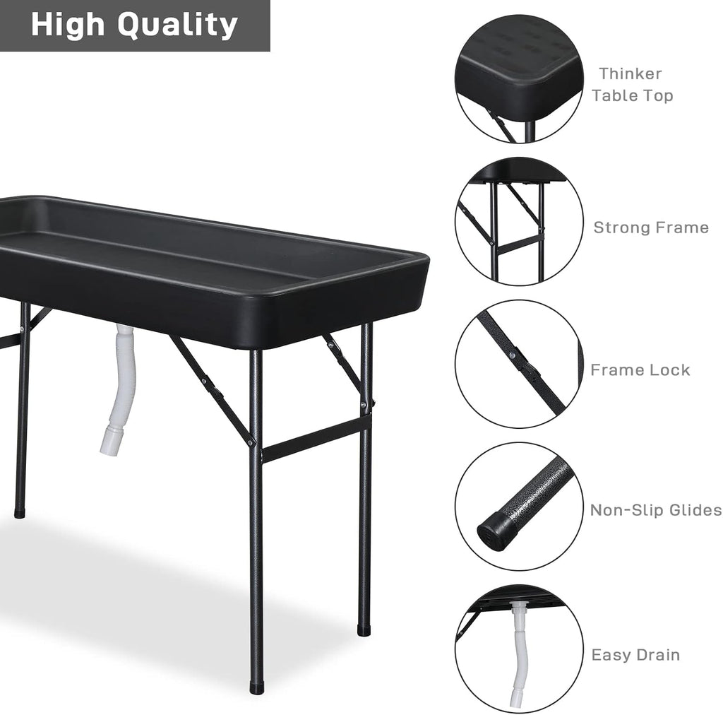 VINGLI 4 Foot Folding Party Ice Cooler, Portable Tailgate Camp Fishing Cleaning Table, Plastic with Matching Skirt, Ice Table for Party, BBQ, Camping, Picnic (Black)