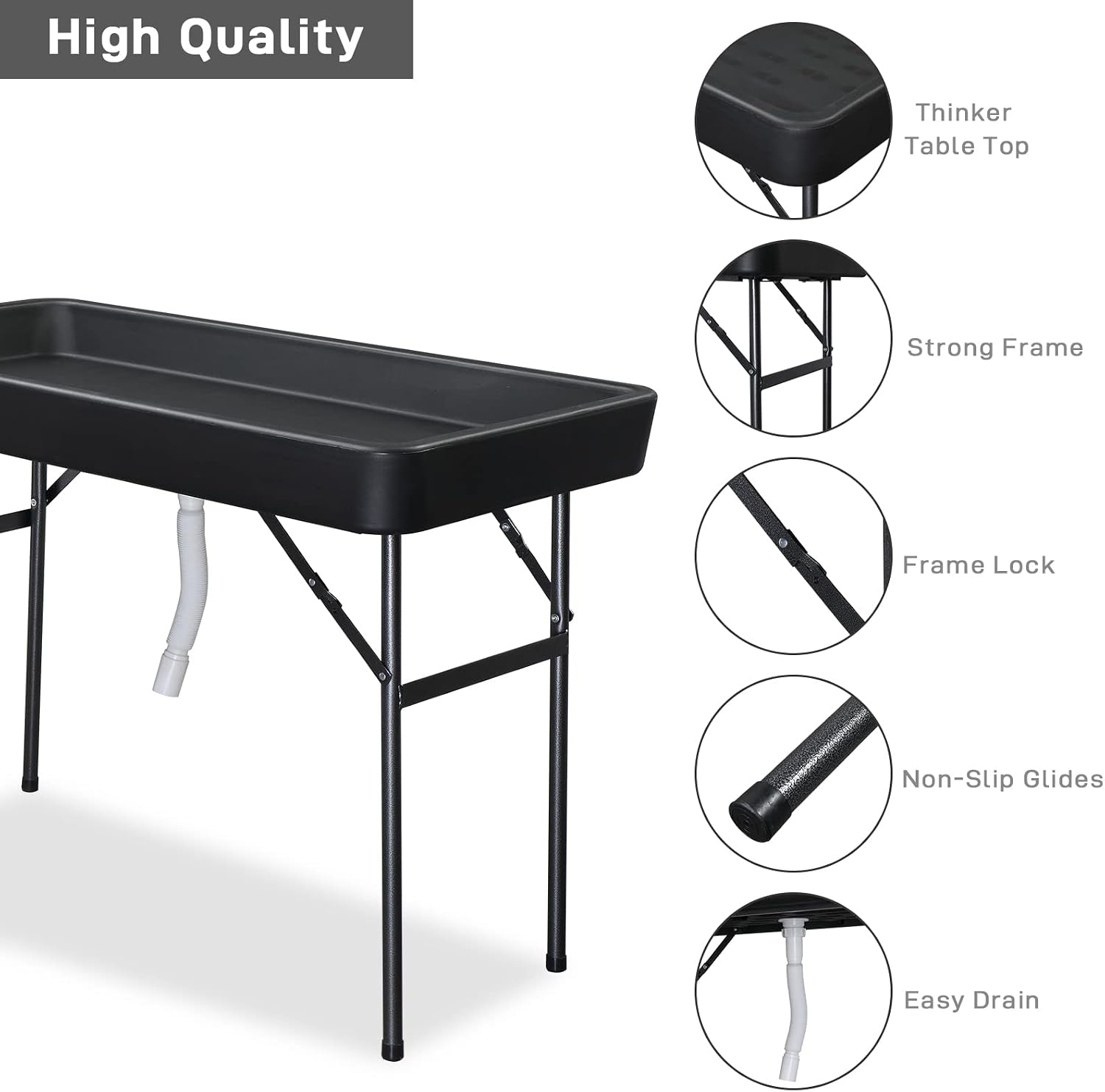 VINGLI 4 Foot Folding Party Ice Cooler, Portable Tailgate Camp Fishing Cleaning Table, Plastic with Matching Skirt, Ice Table for Party, BBQ, Camping, Picnic (Black)