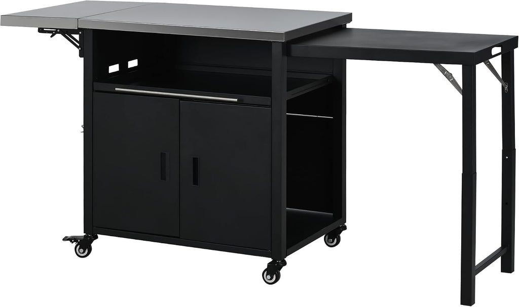 LUMISOL Grill Cart with Foldable Tabletop, Outdoor Foldable Kitchen Cart with Trash Rack, Portable Prep Station Patio Dining Cart with Storage Space and Open Drawer, for Patio Backyard, Black