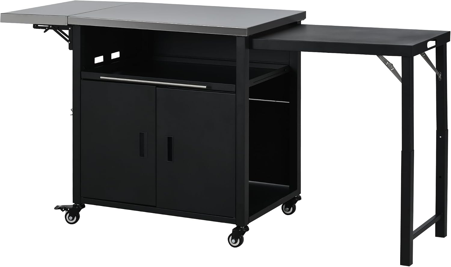 LUMISOL Grill Cart with Foldable Tabletop, Outdoor Foldable Kitchen Cart with Trash Rack, Portable Prep Station Patio Dining Cart with Storage Space and Open Drawer, for Patio Backyard, Black