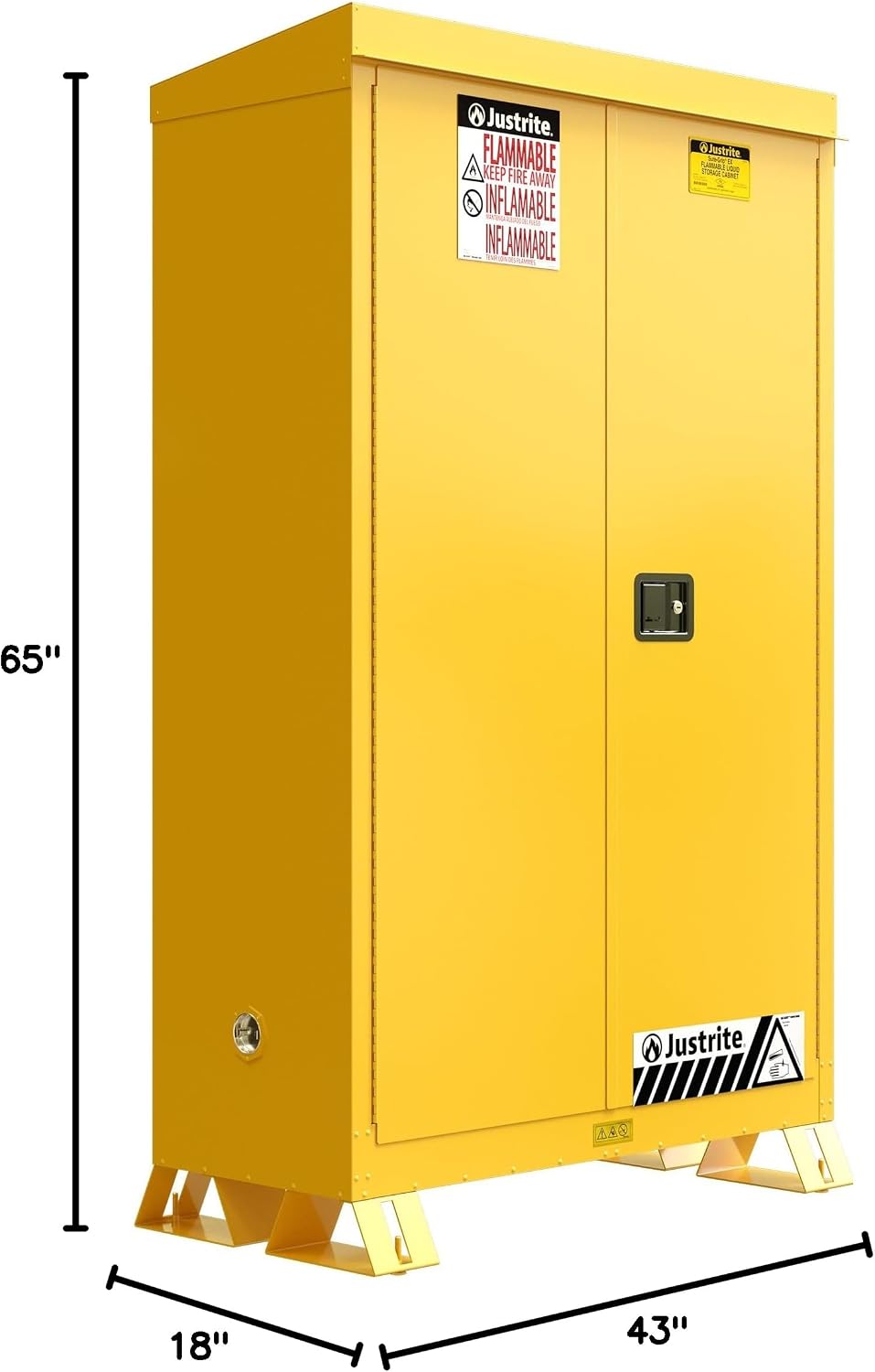 Justrite Reinforced Steel Outdoor Flammable Liquid Storage Cabinet, 2 Shelves with 350 lb. Capacity, 2 Self-Close Door Fire Cabinet, 45 Gallon, 65'x 43'x 18', Made in The USA, Yellow, 814520