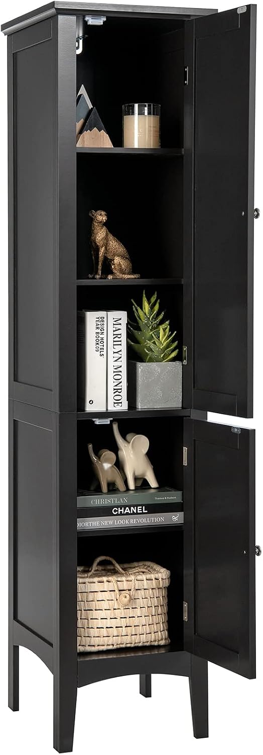 Tangkula Tall Bathroom Storage Cabinet, 5-Tier Wooden Freestanding Tower Cabinet, Narrow Storage Floor Cabinet w/ 2 Doors & Shelves for Bathroom Living Room Kitchen (Black)