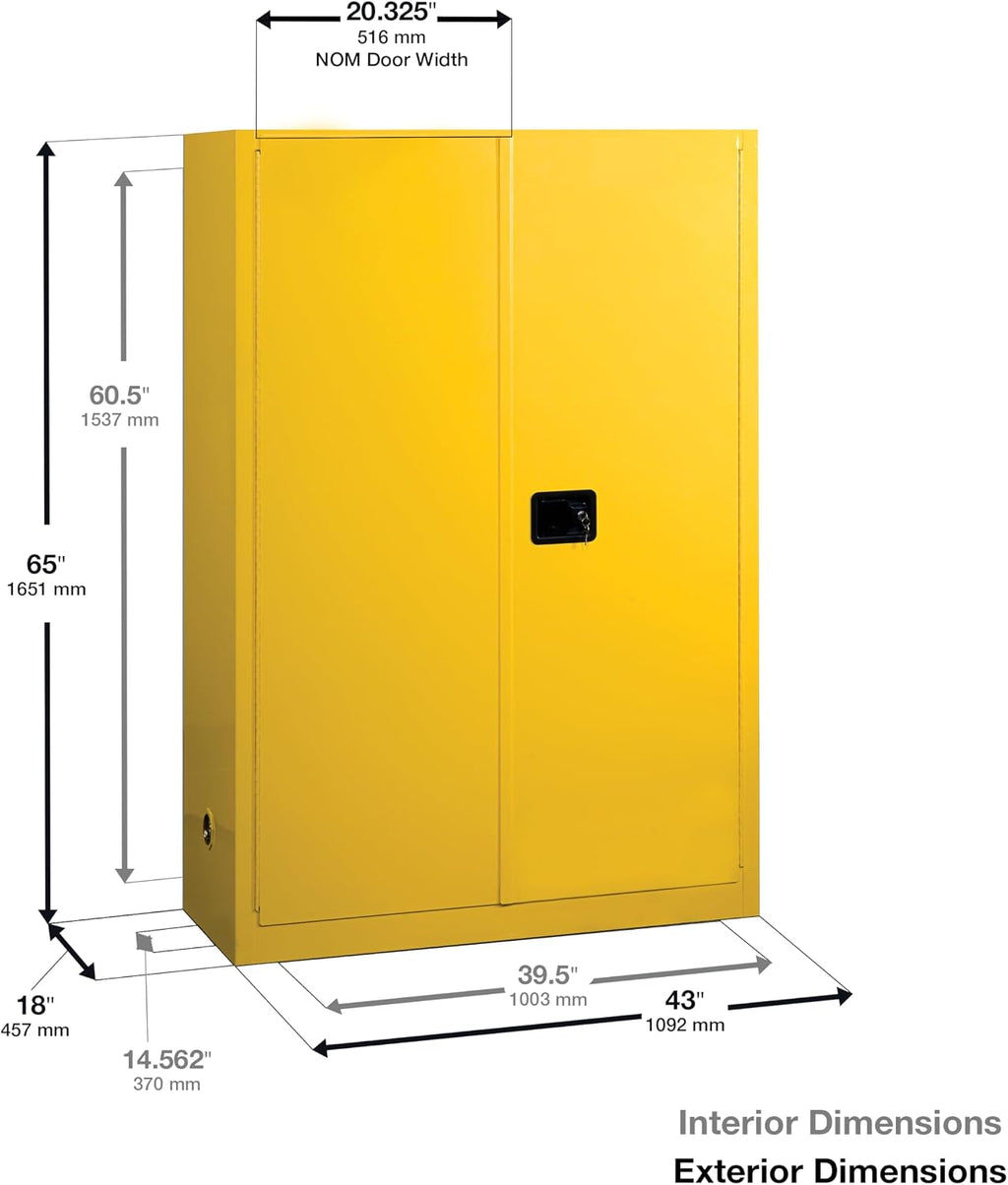 Justrite 45 Gallon Self Close Flammable Storage Cabinet, 18 Gauge Steel, 2 Shelves, 2 Door Fire Cabinet, 65' x 43' x 18', Made in The USA, Yellow, 894520