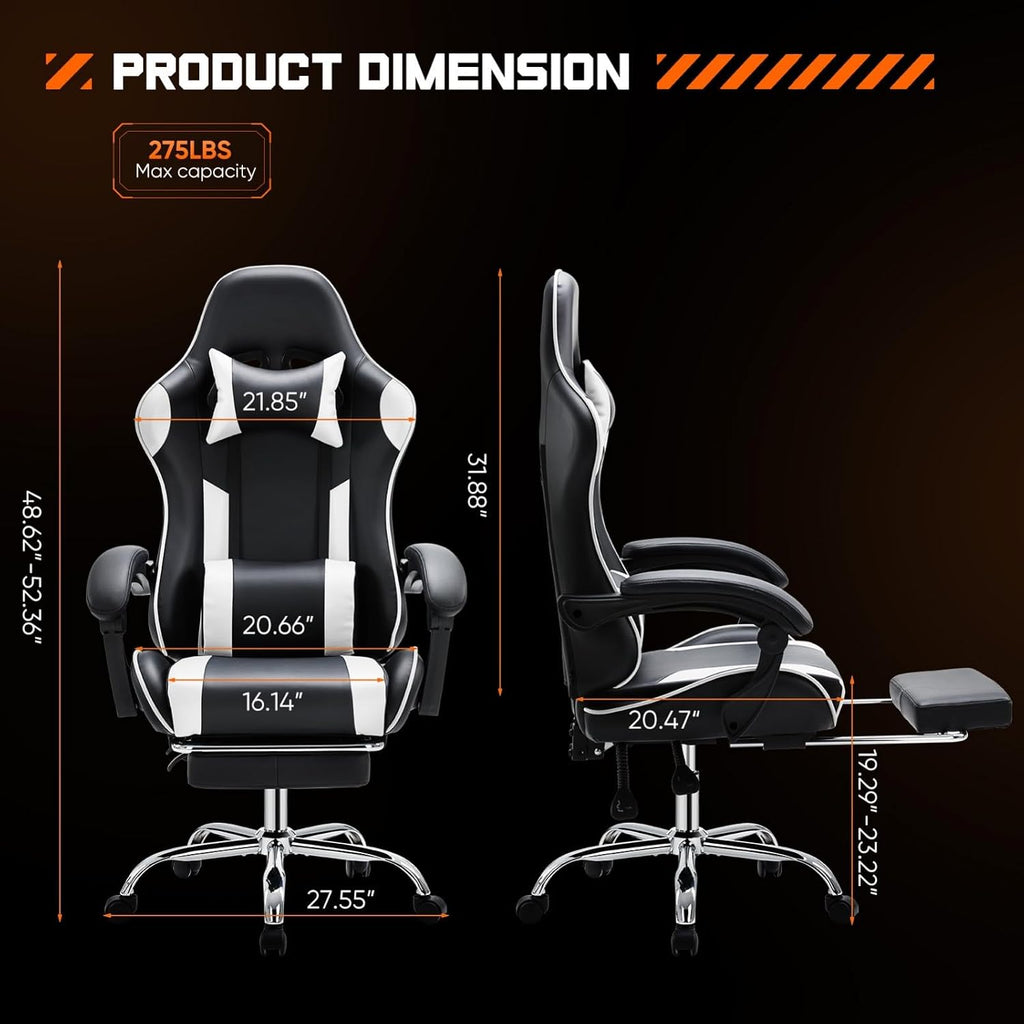 Heavy Duty Gaming Chair, Ergonomic Gamer Chair for Home Office with Footrest, Lumbar Support, Adjustable Backrest, Stable 360° Swivel Wheels for Adults, Professional Gamers and Teens, White