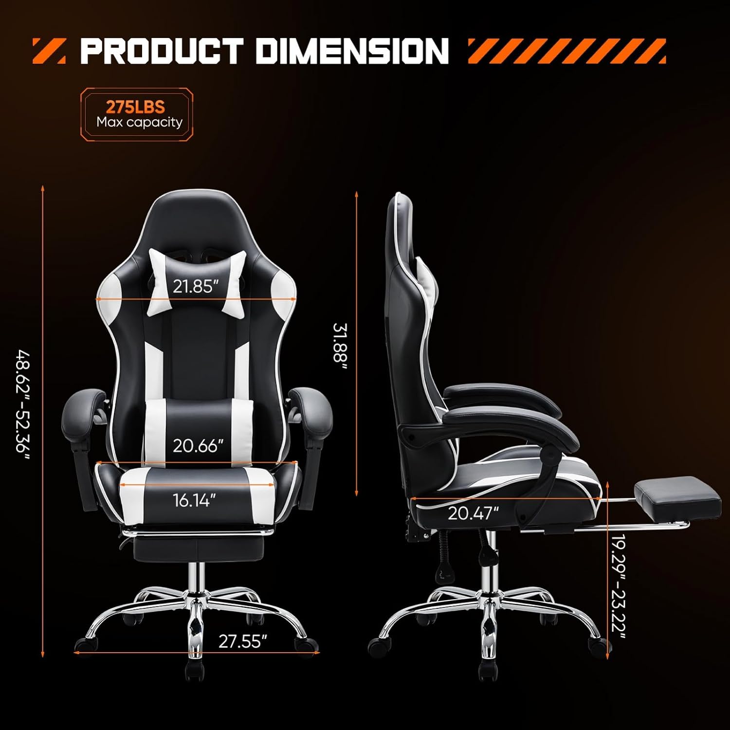 Heavy Duty Gaming Chair, Ergonomic Gamer Chair for Home Office with Footrest, Lumbar Support, Adjustable Backrest, Stable 360° Swivel Wheels for Adults, Professional Gamers and Teens, White