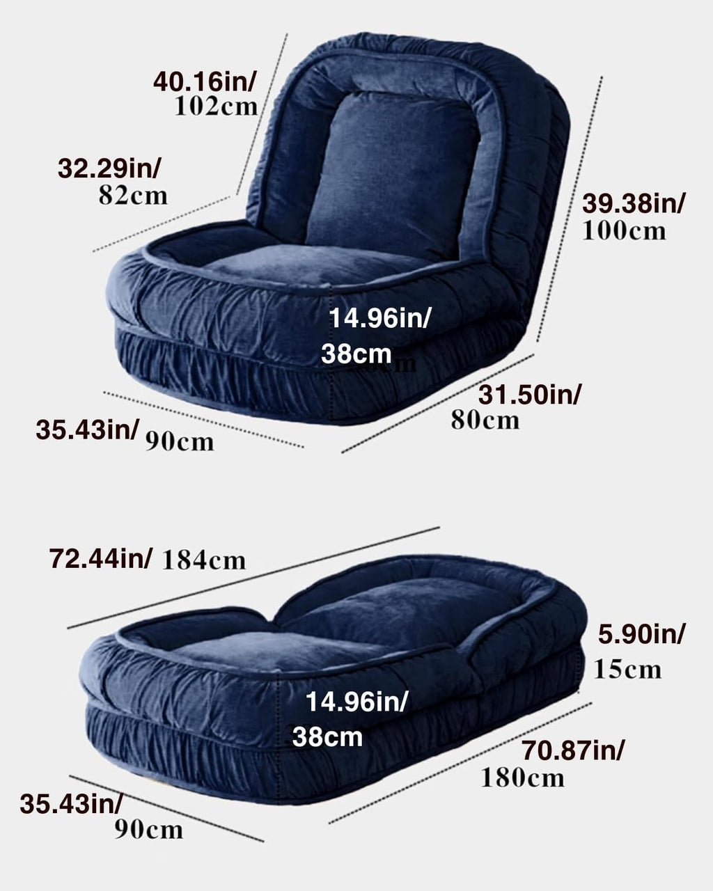 LouannTatami Foldable Lazy Sofa Bed Floor Chair - Adjustable Human Dog Bed for Adults Kids Floor Seats - Cozy Small Couch for Home Living Room(Blue)