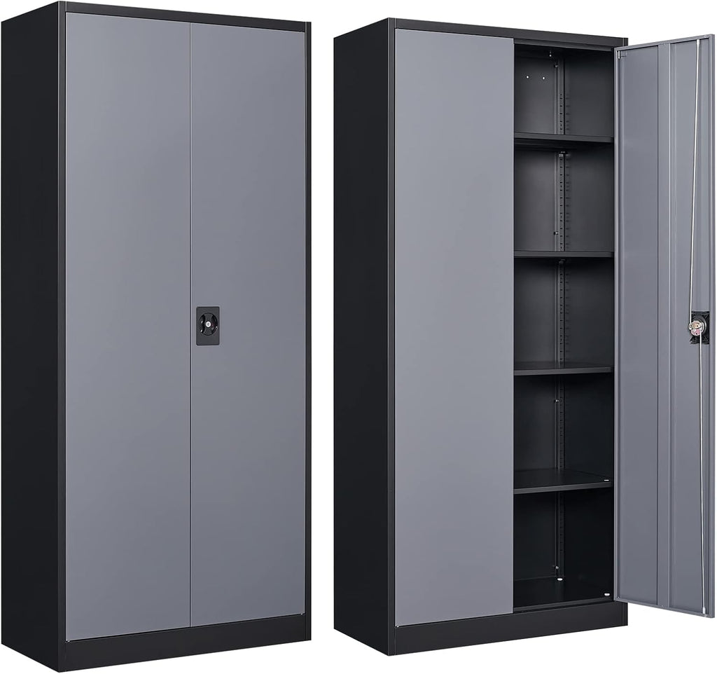 Metal Storage Cabinet with 2 Doors and 4 Adjustable Shelves, 71' Steel Garage Storage Cabinet, Locking Tool Cabinets for Office, Home,School,Kitchen,Garage Tool Utility Cabinet Black Grey