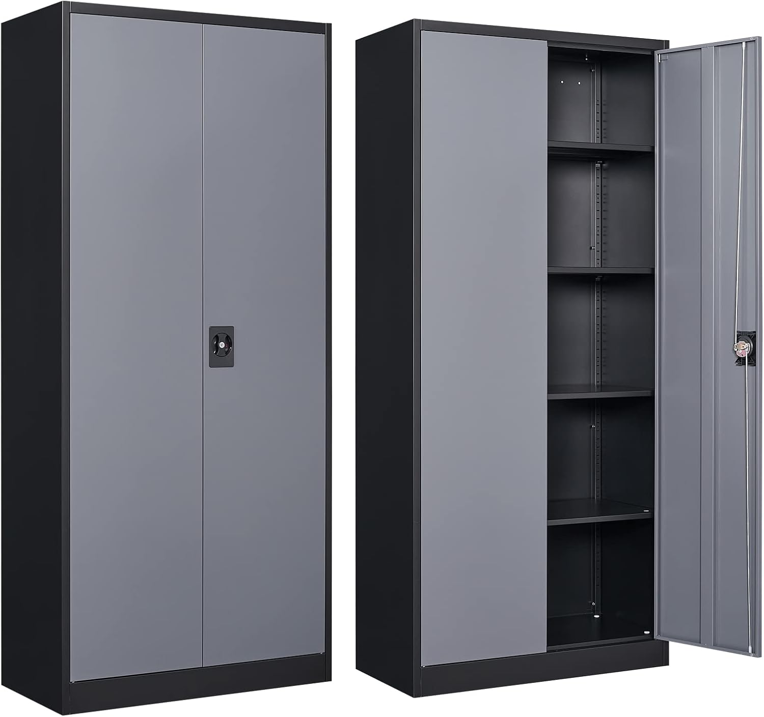 Metal Storage Cabinet with 2 Doors and 4 Adjustable Shelves, 71' Steel Garage Storage Cabinet, Locking Tool Cabinets for Office, Home,School,Kitchen,Garage Tool Utility Cabinet Black Grey