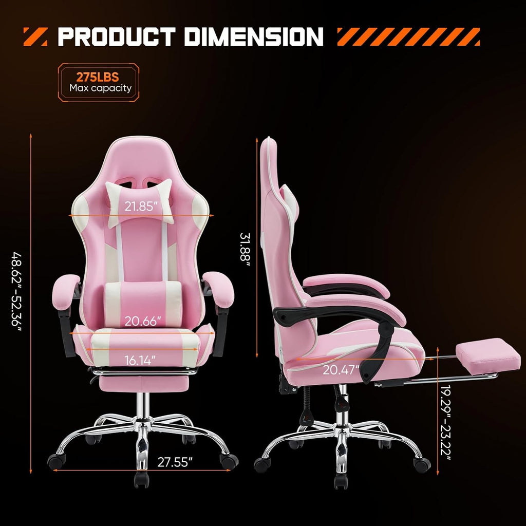 Heavy Duty Gaming Chair, Ergonomic Gamer Chair for Home Office with Footrest, Lumbar Support, Adjustable Backrest, Stable 360° Swivel Wheels for Adults, Professional Gamers and Teens, Pink