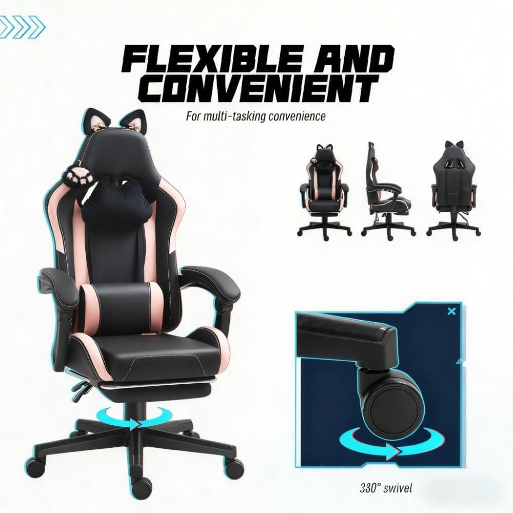 Pink Gaming Chair with Cute Cat Ears Comfy Ergonomic Computer Chair with Footrest and Headrest, Video Game Chairs for Girls, Adult, Teen, Height Adjustable, Lumbar Support (Pink Black)