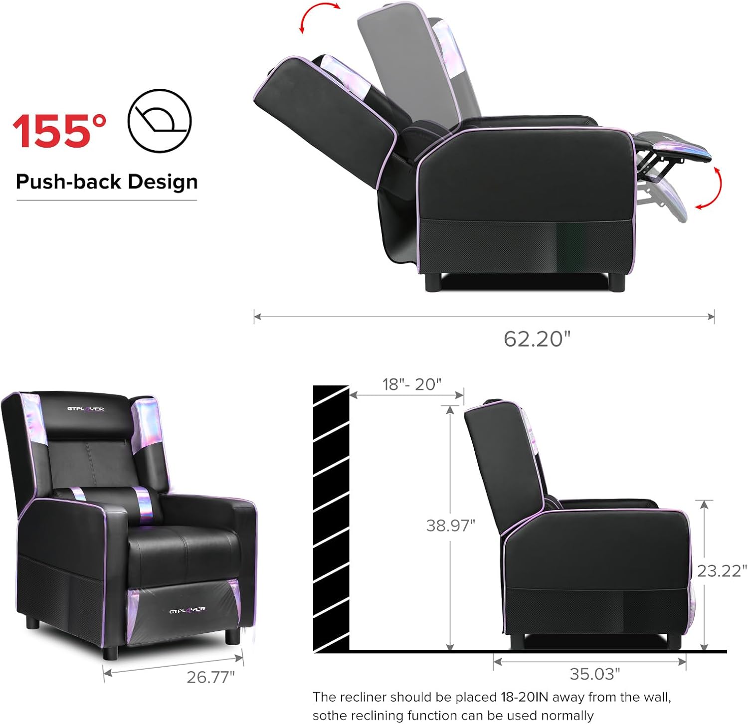 GTPLAYER Gaming Recliner Chair for Living Room Racing Style Single PU Leather Gaming Sofa for Adults Modern Game Recliners Ergonomic Comfortable Home Theater Seating, Purple