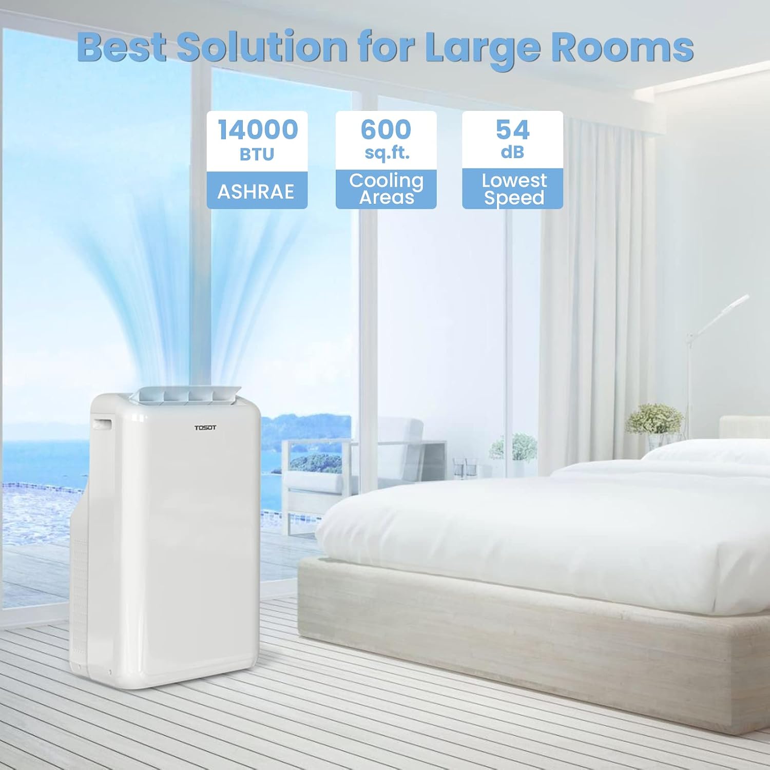 TOSOT 14,000BTU (9,600 BTU SACC) Smart WiFi Portable Air Conditioner with Heater, Powerful Cooling Auto Swing, Dehumidifier, Fan, 24H Timer for Large Room Up to 600 sq ft, AOMI Series